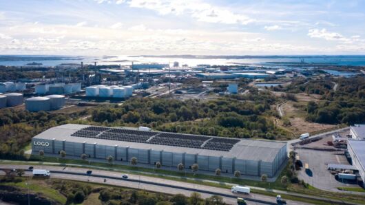 Flygbild över logistikanläggning Torslanda T1